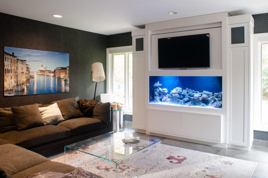  Built-in Saltwater fish tank cabinetry with flip up flat screen tv. 